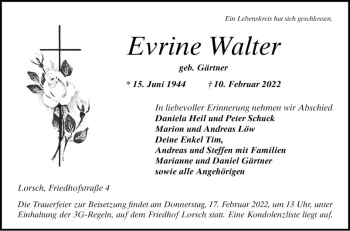 Traueranzeige von Evrine Walter von Bergsträßer Anzeiger