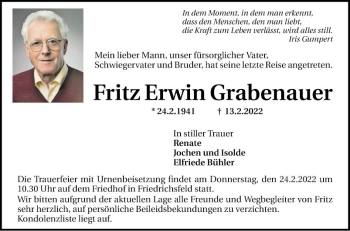 Traueranzeige von Fritz Erwin Grabenauer von Mannheimer Morgen