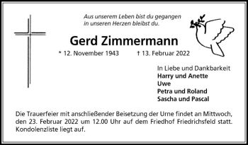 Traueranzeige von Gerd Zimmermann von Mannheimer Morgen