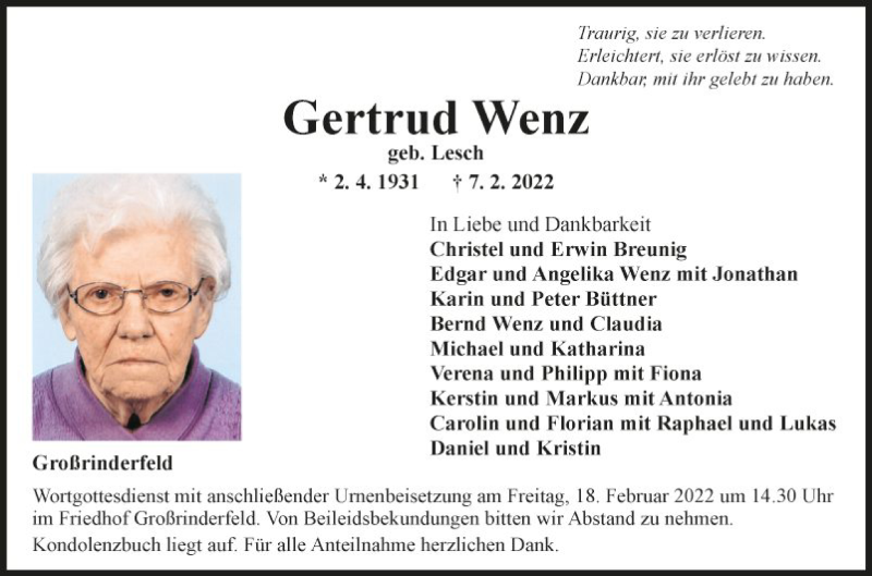  Traueranzeige für Gertrud Wenz vom 12.02.2022 aus Fränkische Nachrichten