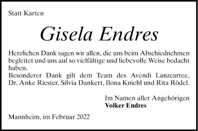  Traueranzeige für Gisela Endres vom 19.02.2022 aus Mannheimer Morgen