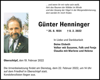 Traueranzeige von Günter Henninger von Fränkische Nachrichten