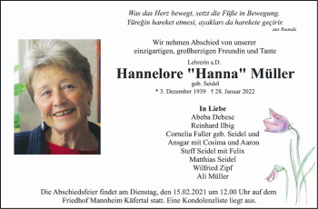 Traueranzeige von Hannelore Müller von Mannheimer Morgen