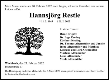 Traueranzeige von Hannsjörg Restle von Fränkische Nachrichten