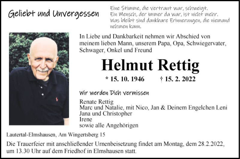  Traueranzeige für Helmut Rettig vom 23.02.2022 aus Bergsträßer Anzeiger