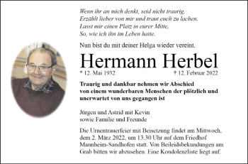 Traueranzeige von Hermann Herbel von Mannheimer Morgen