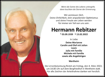 Traueranzeige von Hermann Rebitzer von Fränkische Nachrichten