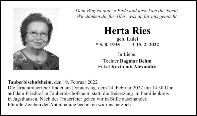  Traueranzeige für Herta Ries vom 19.02.2022 aus Fränkische Nachrichten