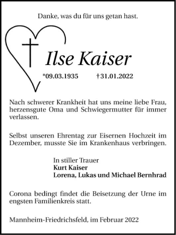 Traueranzeige von Ilse Kaiser von Mannheimer Morgen