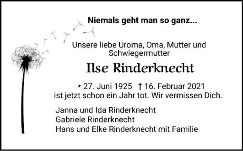  Traueranzeige für Ilse Rinderknecht vom 19.02.2022 aus Mannheimer Morgen