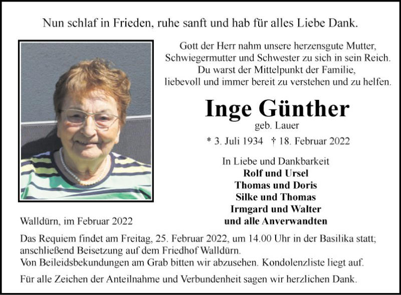 Traueranzeige für Inge Günther vom 23.02.2022 aus Fränkische Nachrichten