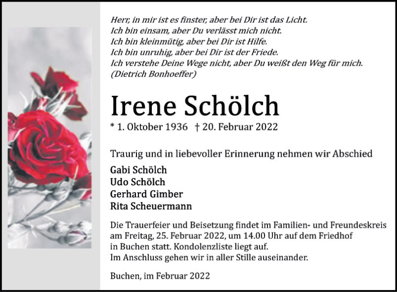  Traueranzeige für Irene Schölch vom 23.02.2022 aus Fränkische Nachrichten