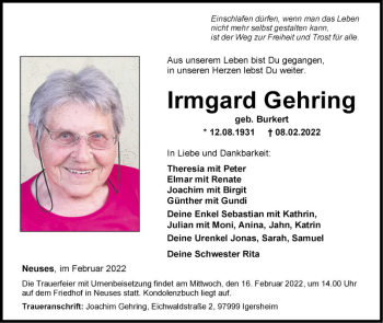 Traueranzeige von Irmgard Gehring von Fränkische Nachrichten