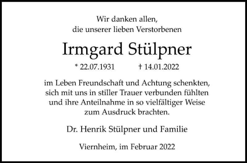  Traueranzeige für Irmgard Stülpner vom 05.02.2022 aus Südhessen Morgen