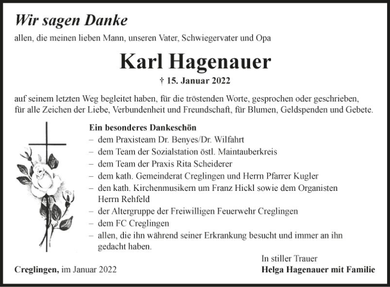  Traueranzeige für Karl Hagenauer vom 09.02.2022 aus Fränkische Nachrichten