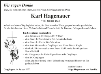 Traueranzeige von Karl Hagenauer von Fränkische Nachrichten