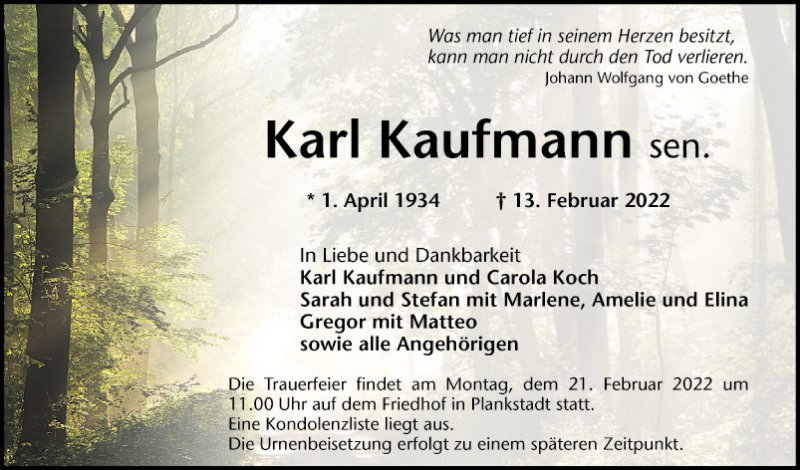  Traueranzeige für Karl Kaufmann vom 19.02.2022 aus Schwetzinger Zeitung