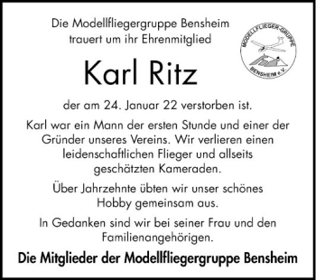 Traueranzeige von Karl Ritz von Bergsträßer Anzeiger