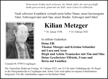 Traueranzeige von Kilian Metzger von Fränkische Nachrichten
