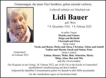 Traueranzeige von Lidi Bauer von Fränkische Nachrichten