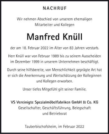 Traueranzeige von Manfred Knüll von Fränkische Nachrichten