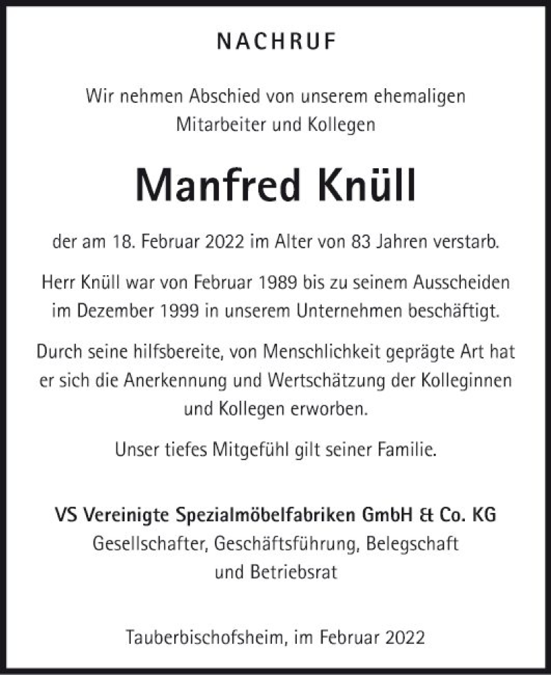  Traueranzeige für Manfred Knüll vom 25.02.2022 aus Fränkische Nachrichten