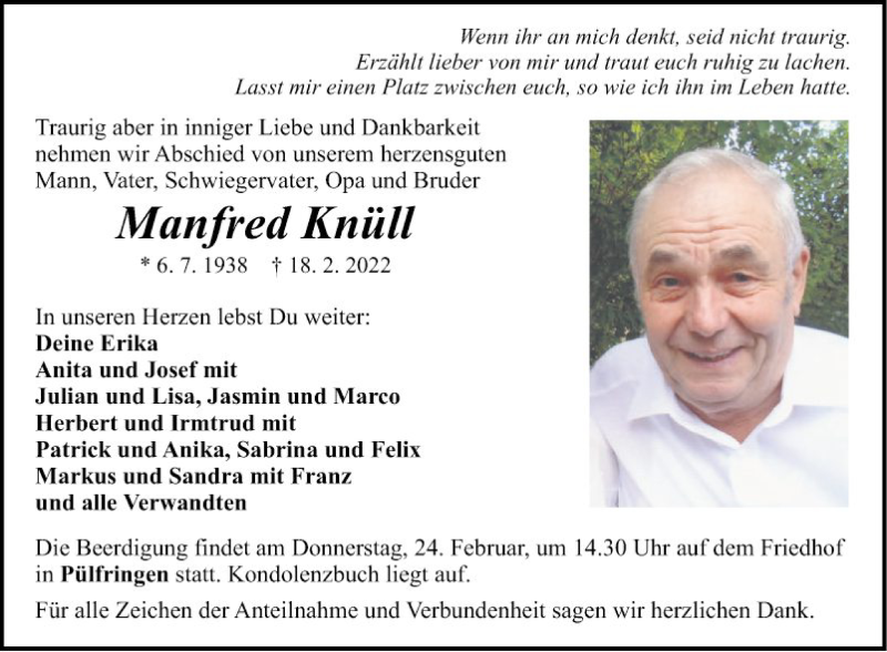  Traueranzeige für Manfred Knüll vom 22.02.2022 aus Fränkische Nachrichten