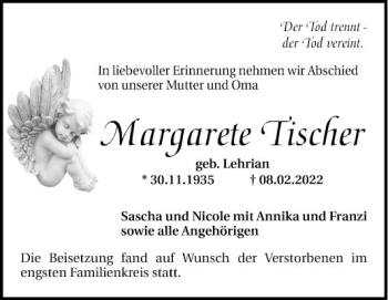 Traueranzeige von Margarete Tischer von Mannheimer Morgen