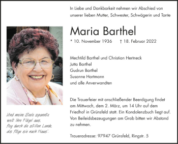 Traueranzeige von Maria Barthel von Fränkische Nachrichten