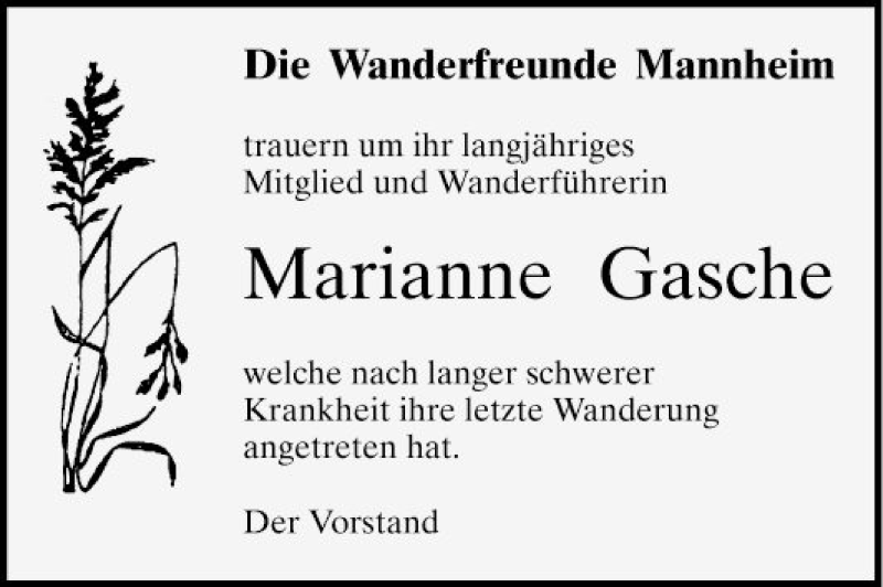  Traueranzeige für Marianne Gasche vom 19.02.2022 aus Mannheimer Morgen
