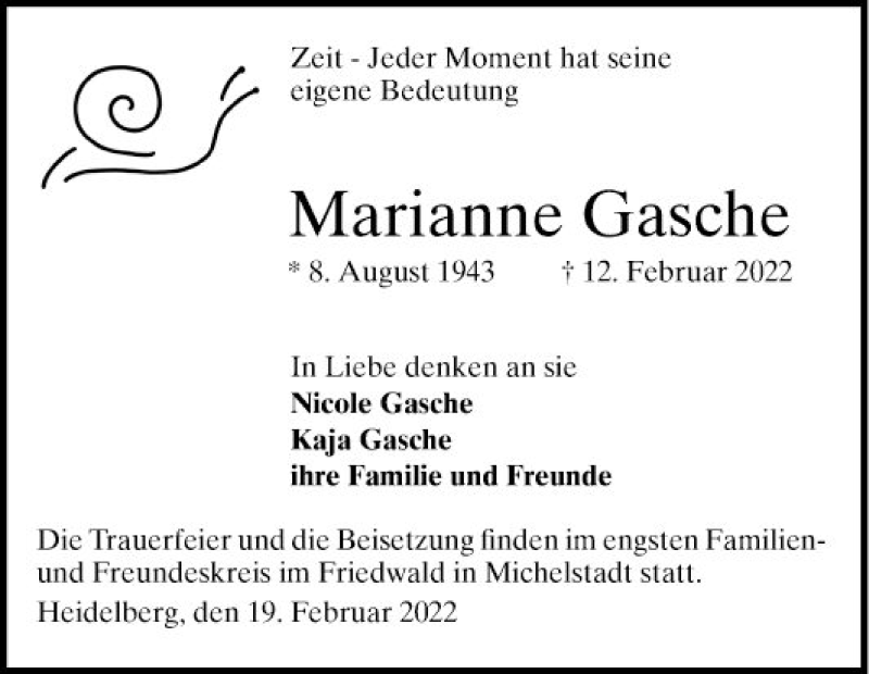  Traueranzeige für Marianne Gasche vom 19.02.2022 aus Mannheimer Morgen