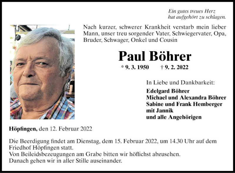 Traueranzeige für Paul Böhrer vom 12.02.2022 aus Fränkische Nachrichten