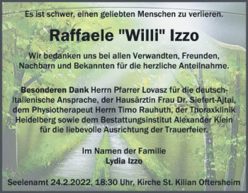 Traueranzeige von Raffaele Izzo von Schwetzinger Zeitung