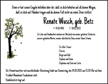 Traueranzeige von Renate Wusch von Mannheimer Morgen