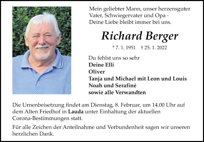  Traueranzeige für Richard Berger vom 02.02.2022 aus Fränkische Nachrichten