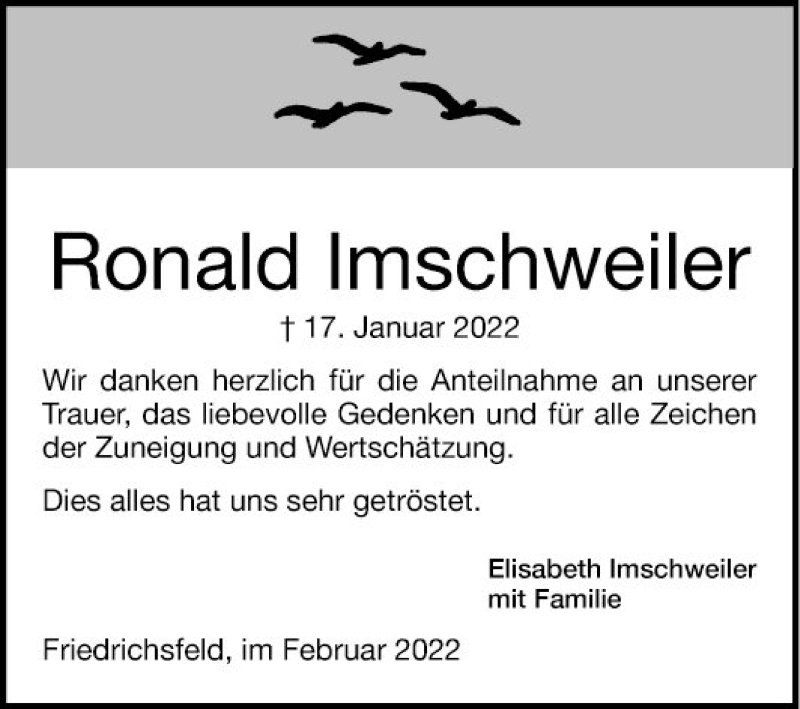  Traueranzeige für Ronald Imschweiler vom 12.02.2022 aus Mannheimer Morgen