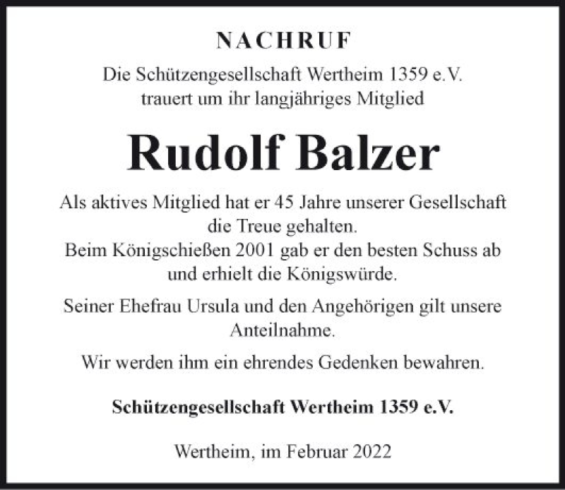  Traueranzeige für Rudolf Balzer vom 25.02.2022 aus Fränkische Nachrichten