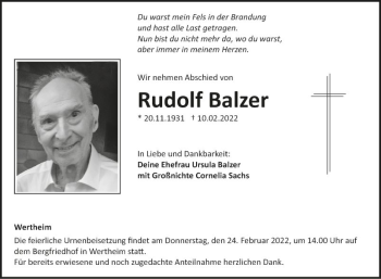 Traueranzeige von Rudolf Balzer von Fränkische Nachrichten