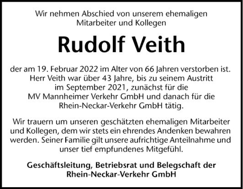  Traueranzeige für Rudolf Veith vom 24.02.2022 aus Mannheimer Morgen
