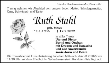 Traueranzeige von Ruth Stahl von Mannheimer Morgen