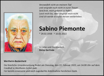 Traueranzeige von Sabino Piemonte von Fränkische Nachrichten