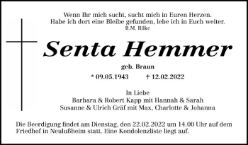 Traueranzeige von Senta Hemmer von Schwetzinger Zeitung