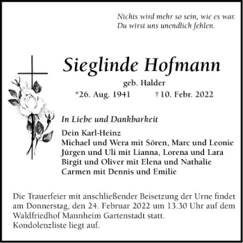 Traueranzeige von Sieglinde Hofmann von Mannheimer Morgen
