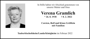 Traueranzeige von Verena Gramlich von Fränkische Nachrichten