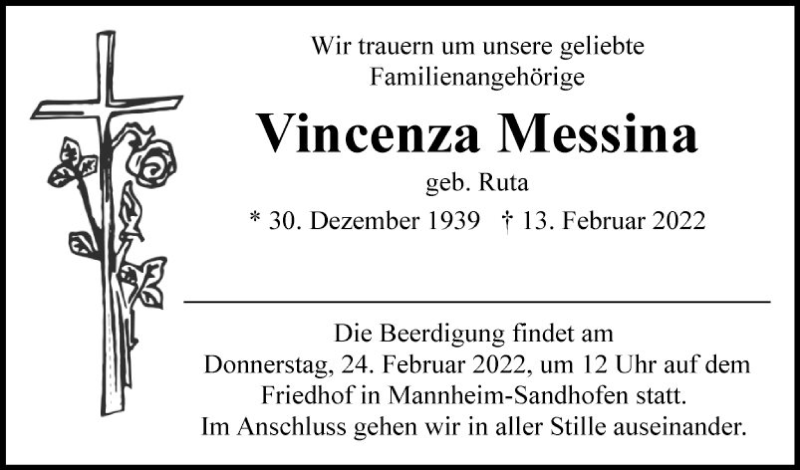  Traueranzeige für Vincenza Messina vom 19.02.2022 aus Mannheimer Morgen