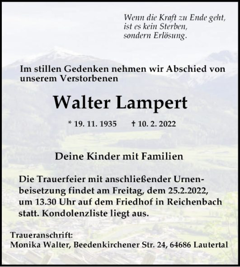  Traueranzeige für Walter Lampert vom 19.02.2022 aus Bergsträßer Anzeiger
