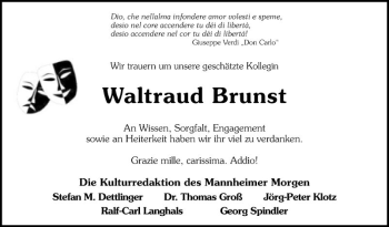 Traueranzeige von Waltraud Brunst von Mannheimer Morgen