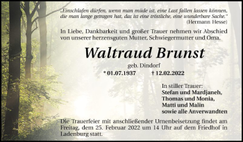 Traueranzeige von Waltraud Brunst von Mannheimer Morgen