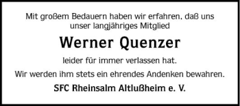 Traueranzeige von Werner Quenzer von Schwetzinger Zeitung