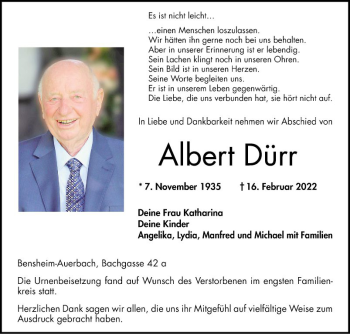 Traueranzeige von Albert Dürr von Bergsträßer Anzeiger